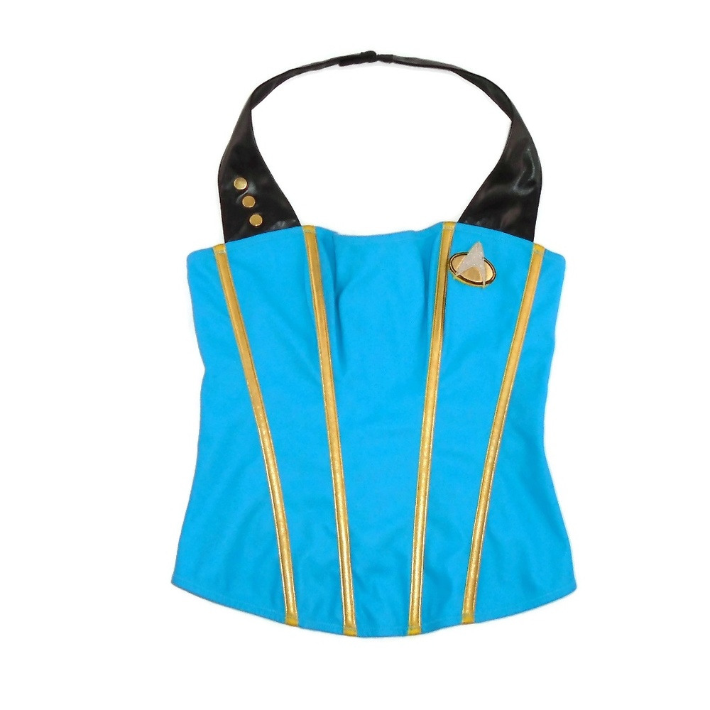 Blue Gold-Trim Halter Bustier Top